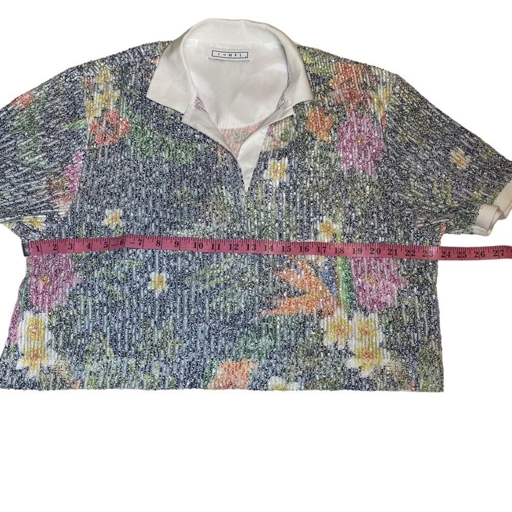 In The Mood For Love Sequin Floral Crop Top Linen Silk Boxy Collared L - Picture 12 of 16